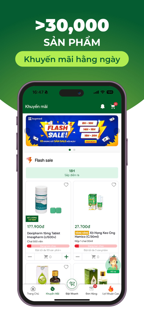 Buymed Vietnam - Buymed Vietnam mobile app interface showing a flash sale on pharmaceutical products with wholesale prices