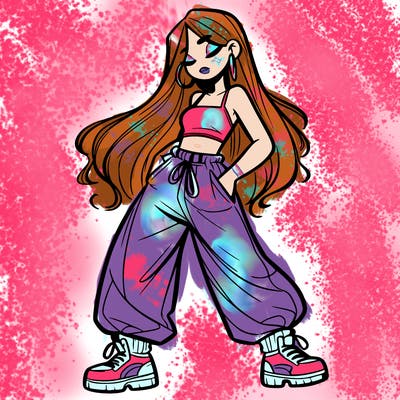 girl in baggy pants crop top and long hair