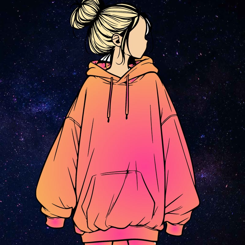 realistic girl with a oversized sweatshirt on and a bun