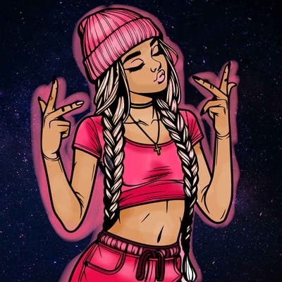 realistic teenage girl with braids and a beanie and crop top doing 🫶🏼