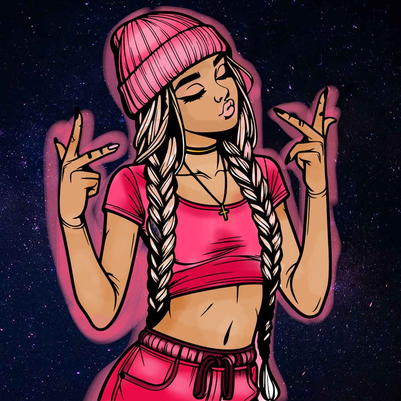 realistic teenage girl with braids and a beanie and crop top doing 🫶🏼