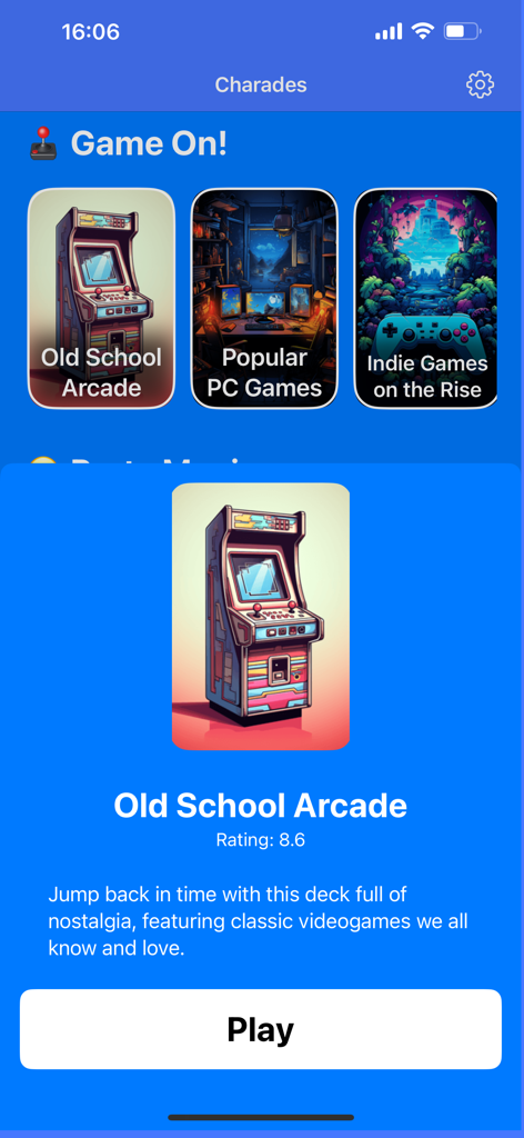 Charades Up - Guess The Word - Charades Up app interface showing the Old School Arcade game deck with a nostalgic arcade cabinet illustration