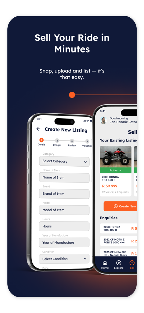 UB Leisure: Bikes Boats SxS - Interface for creating and managing powersports vehicle listings in the UB Leisure app