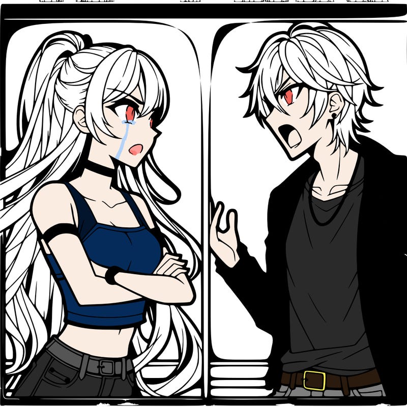 anime girl with long hair wearing a crop top and a cropped jacket and an anime guy with short hair wearing a leather jacket arguing