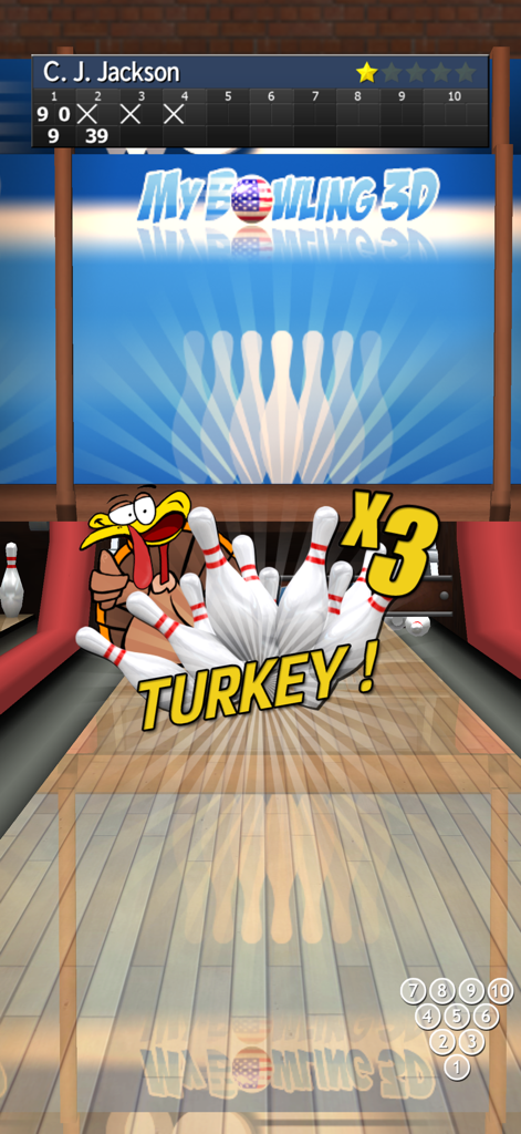 My Bowling 3D - My Bowling 3D game screen displaying a three strike turkey achievement