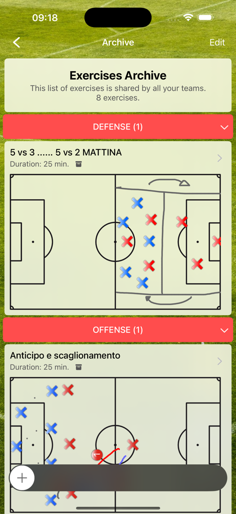 Assistant Coach Soccer app screen showing a library of defensive and offensive tactical soccer drills