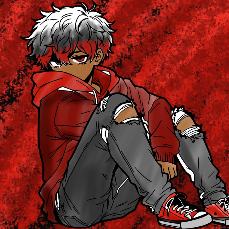 a male hoddie ripped jeans messy hair anime