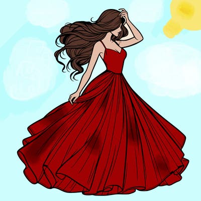 realistic woman with dress flowing in the wind