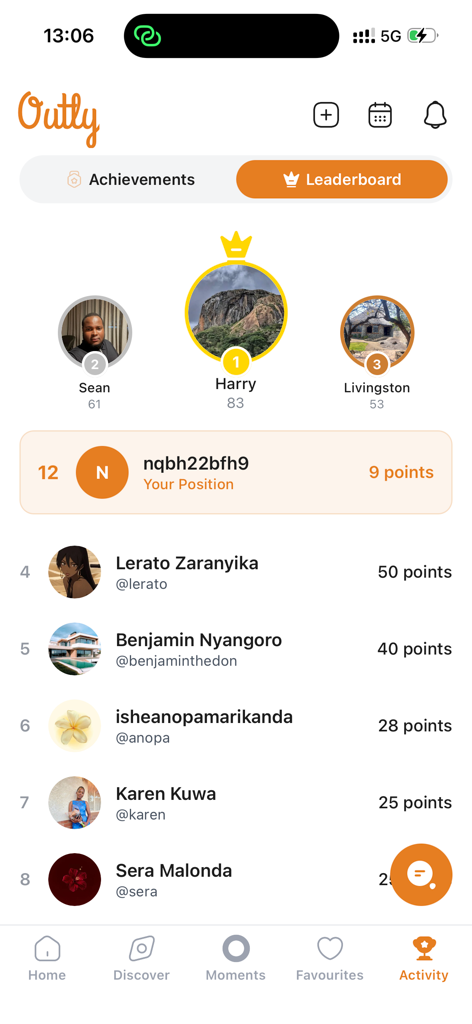 Outly - Leaderboard screen of the Outly app showing ranked users and points