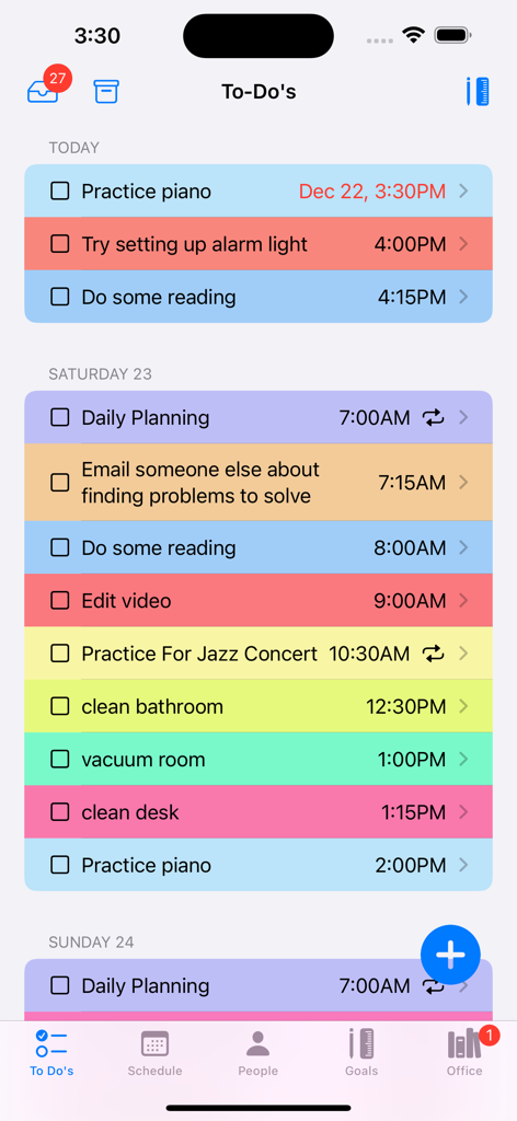 The North 40 - Interface de lista de tarefas diárias no aplicativo North 40 mostrando tarefas e horários codificados por cores