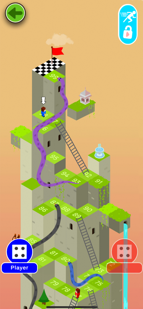 Snakes and Ladders Multiplayer - Uma visão isométrica 3D do tabuleiro de jogo Cobras e Escadas com uma torre de pedra alta com escadas e cobras coloridas.