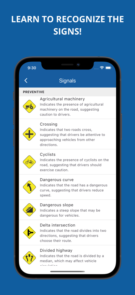 Theoretical driving test - Lista de señales de prevención en la aplicación Examen Teórico de Conducir.