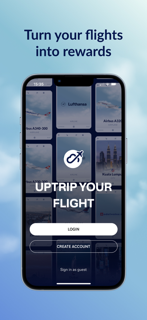 Uptrip app login screen showing digital airline trading cards and the slogan Turn your flights into rewards.