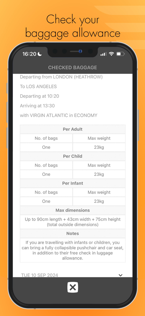 ViewTrail app screen displaying checked baggage allowance and dimensions for a flight