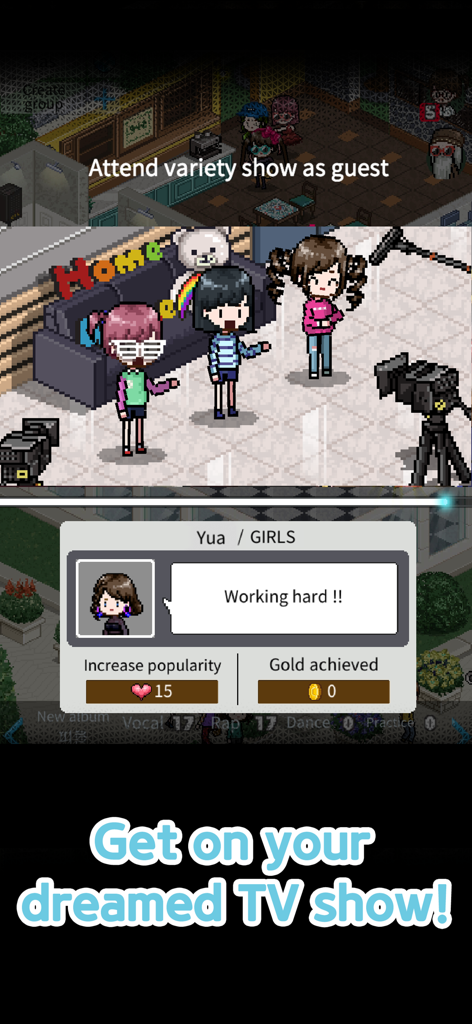 K-POP Idol Producer - K-POP Idol Producer gameplay showing pixel art idols attending a TV variety show
