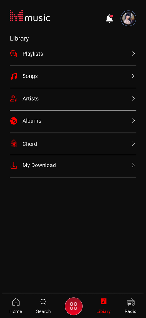 Mahar Music - The library interface of the Mahar Music app displaying menu options for playlists, songs, artists, albums, chords, and downloads.