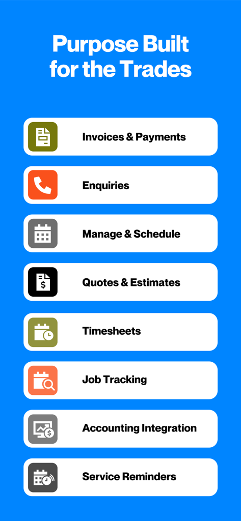 Liste der Tradify App-Funktionen für Handwerker, einschließlich Rechnungen, Terminplanung und Angebote
