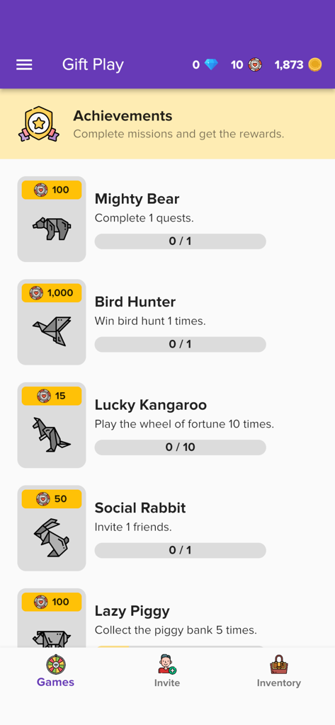 Gift Play - Earn Gift Cards - Pantalla de logros de la aplicación Gift Play que muestra varias misiones y recompensas de fichas para los usuarios.