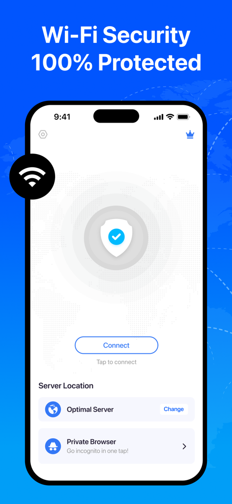 Interfaz de la aplicación VPN Proxy Master en un iPhone que muestra protección de seguridad Wi-Fi y un botón de conexión de un solo toque