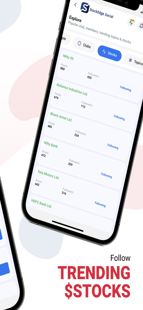 Nifty 50 및 Reliance Industries와 같은 인기 인도 주식 및 지수를 보여주는 StockEdge Social 모바일 앱 화면.