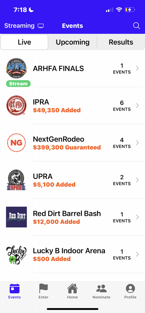 NextGenRodeo mobile app screen displaying a list of live rodeo events with prize pools and streaming status