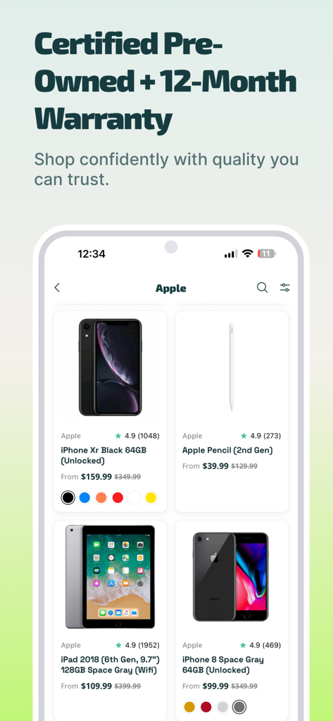 Plug mobile app screen showing certified pre-owned iPhones and iPads with warranty information