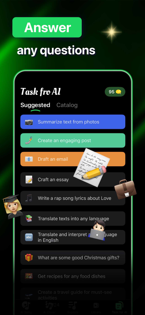 AI assistant screen showing suggested tasks for writing rap lyrics drafting emails and translating text