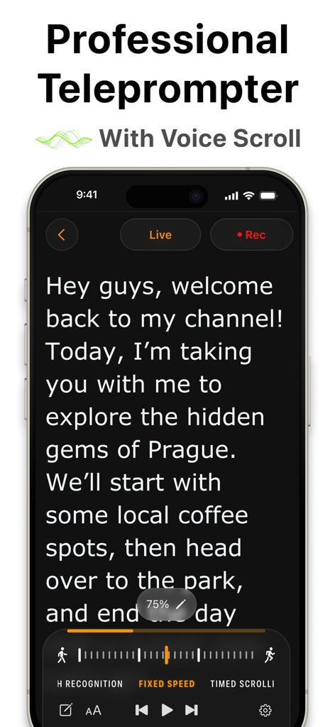 iPhone displaying the Teleprompter app interface with a script and voice scroll feature