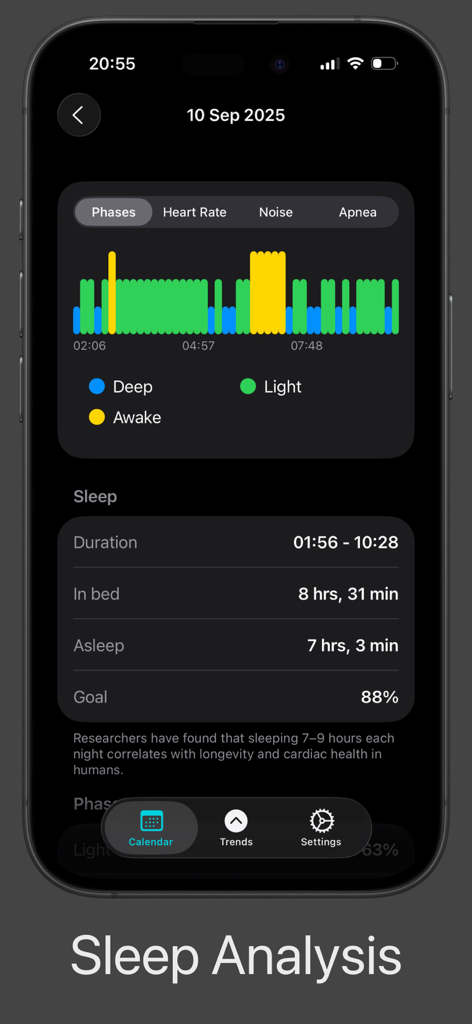 NapBot - Auto Sleep Tracker - Captura de tela da análise de sono do NapBot mostrando o gráfico de fases do sono e métricas de duração