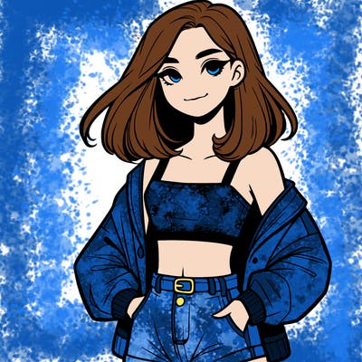 a realistic girl with a crop top and short shorts in an open jacket