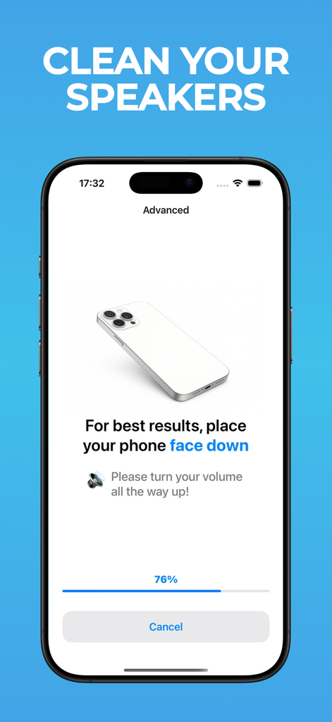 iPhone screen showing speaker cleaning progress with instructions to place the phone face down and turn volume up