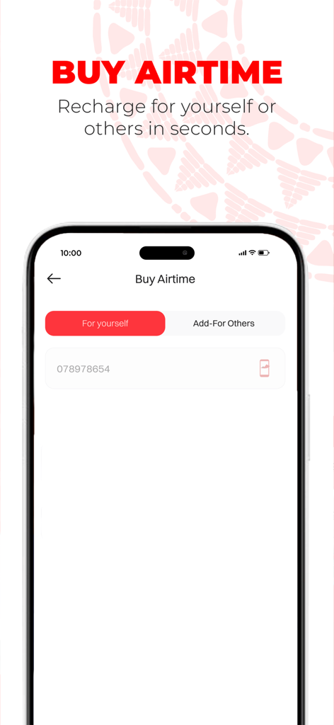 M-PESA Lehulum - Pantalla de la aplicación móvil M-PESA Lehulum mostrando la función de comprar tiempo aire para recargar teléfonos para uno mismo u otros