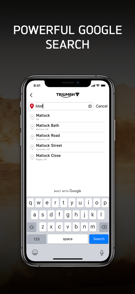 My Triumph - The My Triumph app search interface using Google technology to find motorcycle trip destinations.