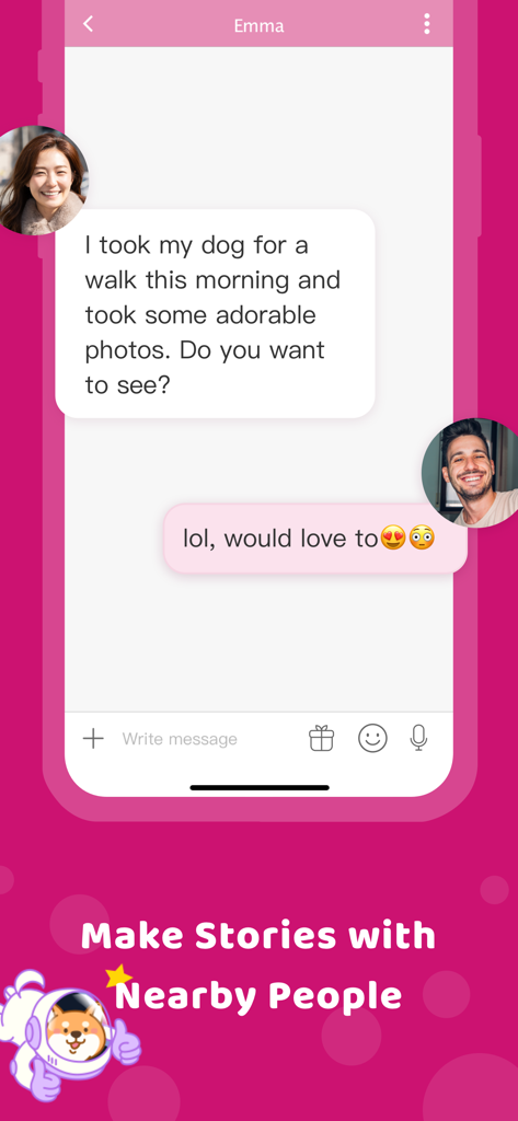 iPair - Chat, Meet New People - A screenshot of the iPair app chat interface showing a message exchange between two users with a text overlay about making stories with nearby people.