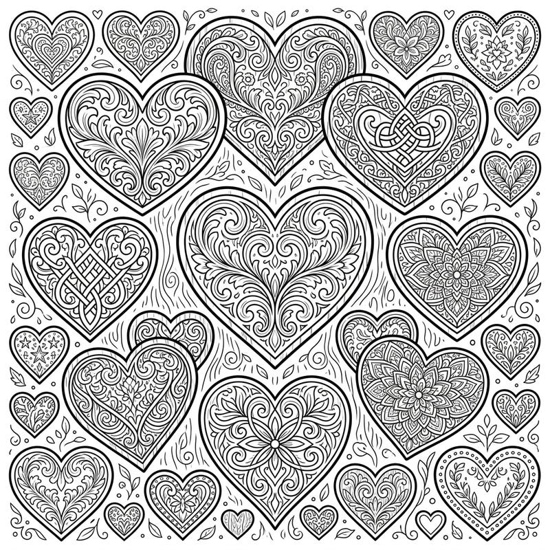 Dive into the intricate beauty of these wooden heart designs, crafted for adult coloring enthusiasts. Each heart offers a unique challenge with detailed patterns, perfect for mindful relaxation.