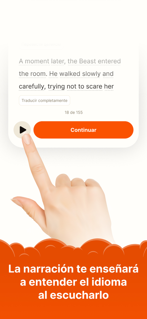 Clew: aprende inglés leyendo - Mobile app interface showing an English story passage with a play button and text explaining how narration helps listening skills