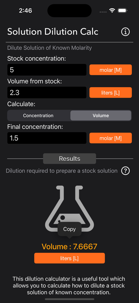 Solution Dilution Calculator - Interface de l'application Calculateur de Dilution de Solutions affichant les calculs de molarité et de volume