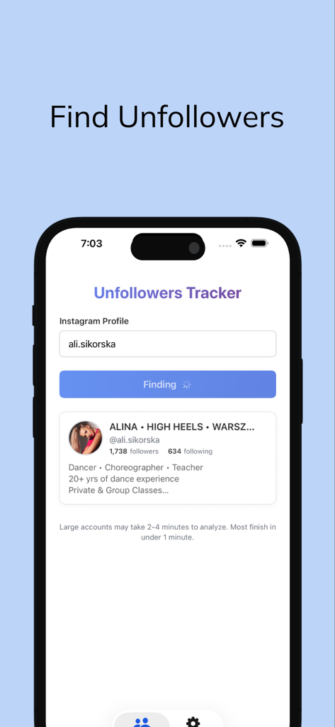 SocialUtils - Unfollowers - A smartphone display showing the SocialUtils Unfollowers Tracker interface with a profile search for an Instagram user.