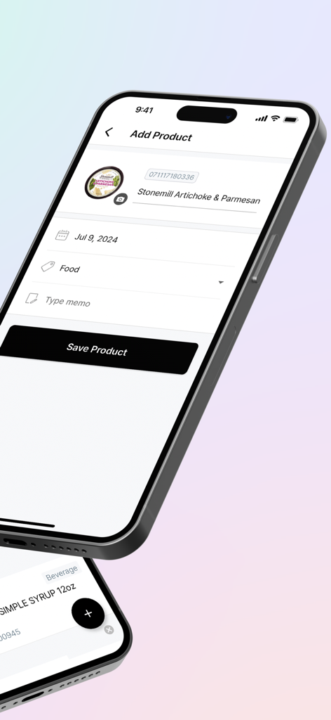 BEEP app screen for adding a product with its barcode and expiration date