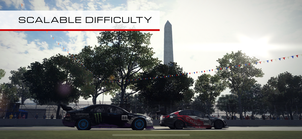 Two race cars driving past the Washington Monument in GRID Autosport with Scalable Difficulty text