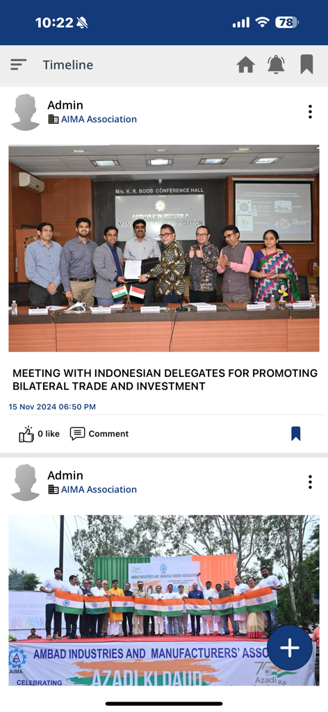 AIMA Connect - Pantalla de línea de tiempo de la aplicación AIMA Connect mostrando noticias de la industria y fotos de eventos de la asociación