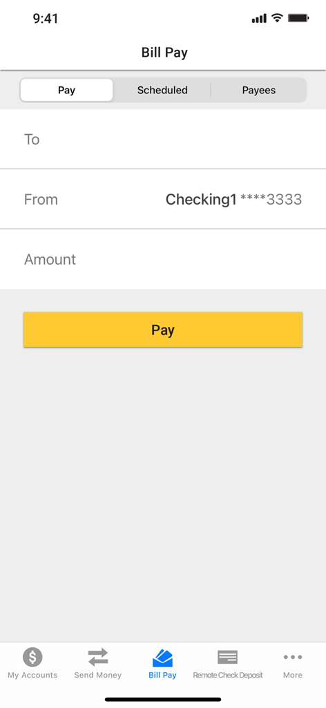 Bill Pay interface of the Clearview Mobile App showing fields to select a recipient and enter a payment amount