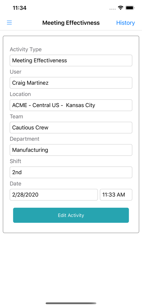 SafeAlign - SafeAlign mobile app interface displaying a meeting effectiveness report with details for a manufacturing department supervisor