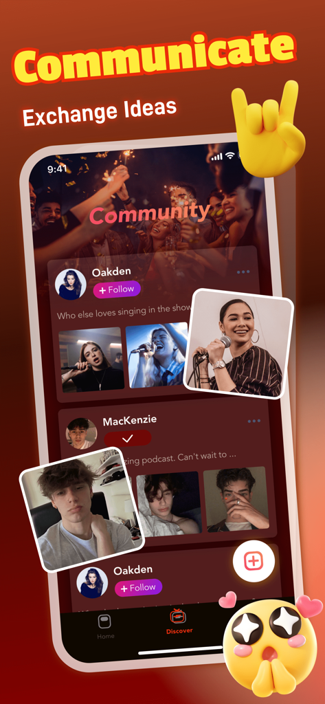 Maobe - Adult Vibe，Chat - Pantalla de comunidad de la aplicación Maobe mostrando perfiles de usuario y publicaciones de video de canto