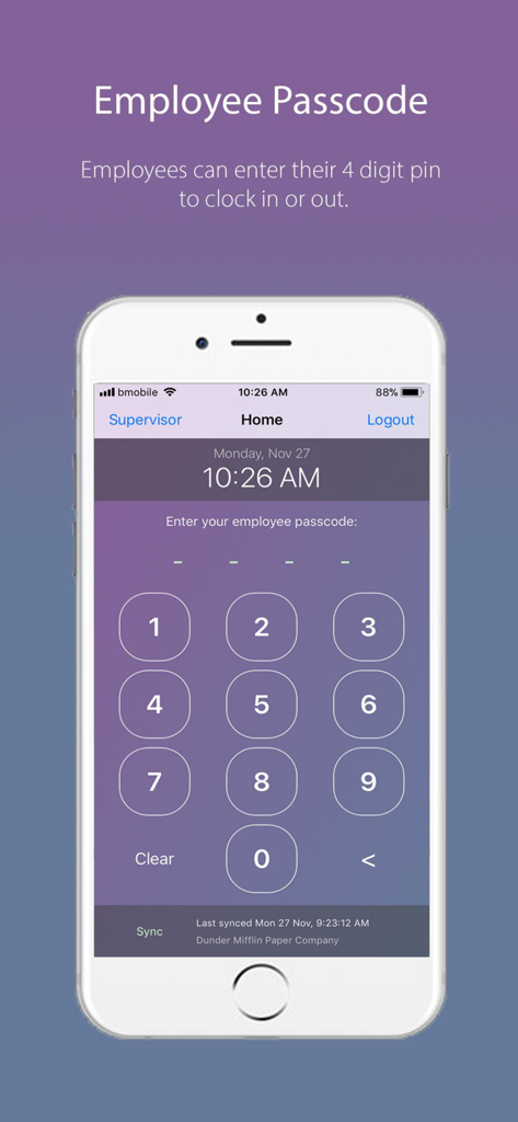 Employee passcode screen for Timekeeper time tracking app.