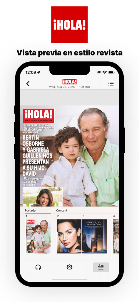 Smartphone screen showing a digital preview of the HOLA ESPAÑA printed magazine with its cover and content pages.