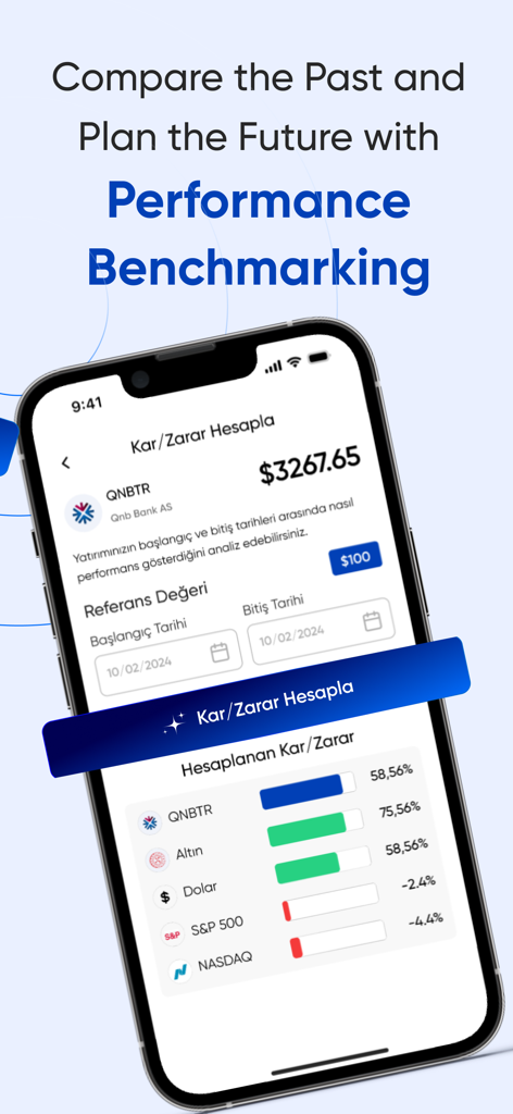 Finapp: Stock Market Analysis - A smartphone displaying the performance benchmarking feature in the Finapp stock market analysis app including profit and loss calculations for various assets.