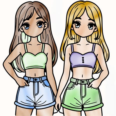 two sisters with crop tops and jean shorts and straight hair