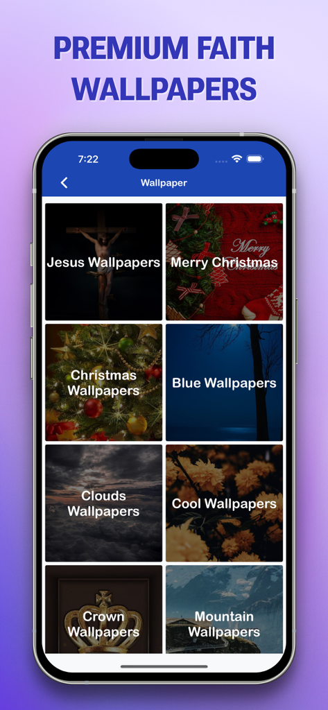 Selection screen for premium faith wallpapers in the Message Bible Pro app featuring categories like Jesus Christmas and nature themes