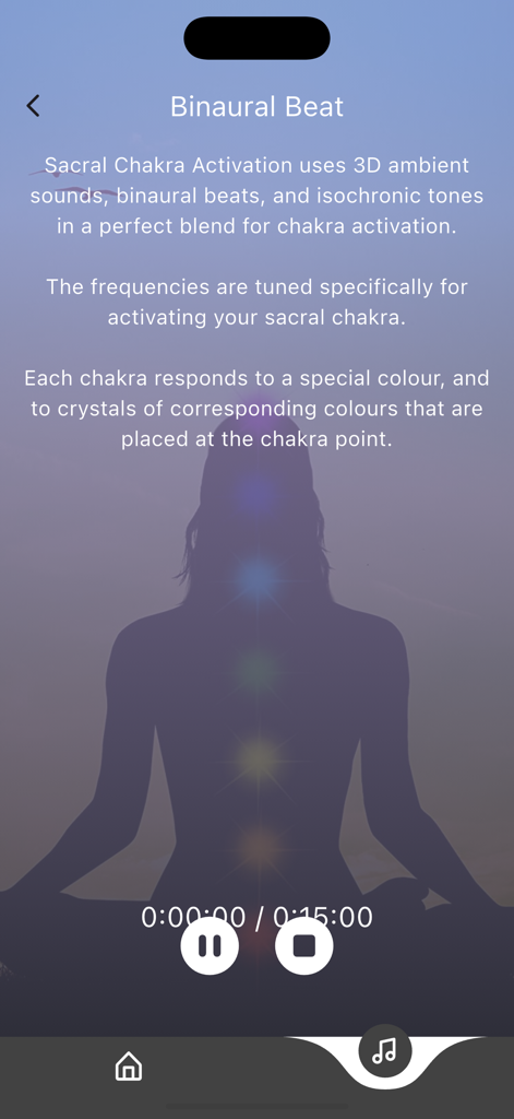 Chakras - Meditation & Healing - Pantalla de activación del chakra sacro con latidos binaurales y controles de meditación.